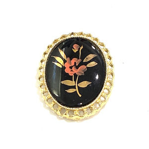 Vintage Brooch Hand Painted on Porcelain Floral Textured Goldtone Oval Pendant